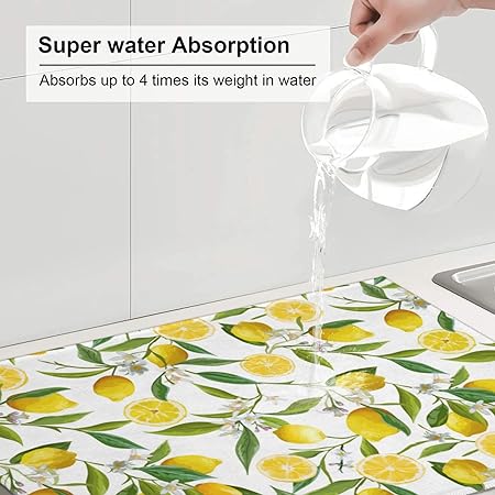 Dish Drying Mat Microfiber for Kitchen Counter Blue and Green Leaves Absorbent Dish Draining Reusable Washable Extra Large 18"x24"