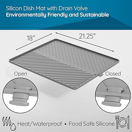 Large Silicone Dish Drying Mat with Easy to Use Drain Plug (Gray, Drain Plug, 21.25 x 18)