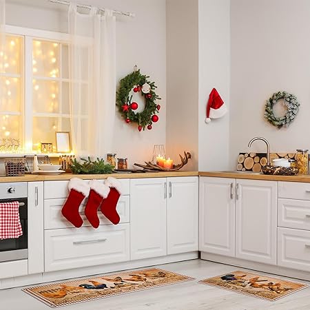 2 Pc Rooster Non Slip Washable Home Winter Holiday Decor, 17 x 30 Inch, 17 x 47 Inch