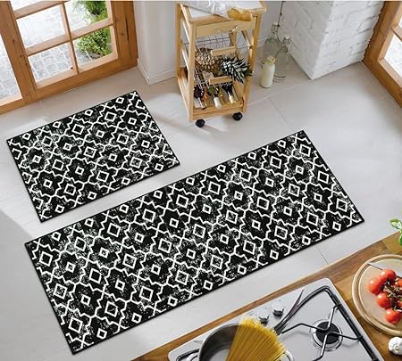 Set of 2, Geometric Washable Non Slip Waterproof Moroccan Black Rug for Kitchen Floor, 20x30+20x47