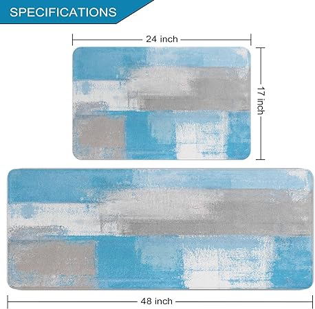 2 Pieces Abstract Anti Fatigue Non Slip Foam Cushioned Blue and Brown Art Painting Comfort Indoor Floor Mat, (17"x48"+17"x24")