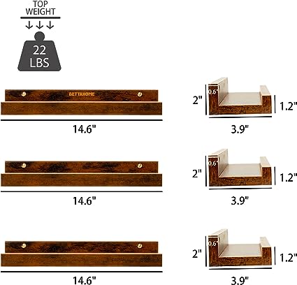 Set of 3, 24 Inch Rustic Wood Shelves with Ledge, Various Sizes, Wall Mounted Display, Rustic Brown BT006