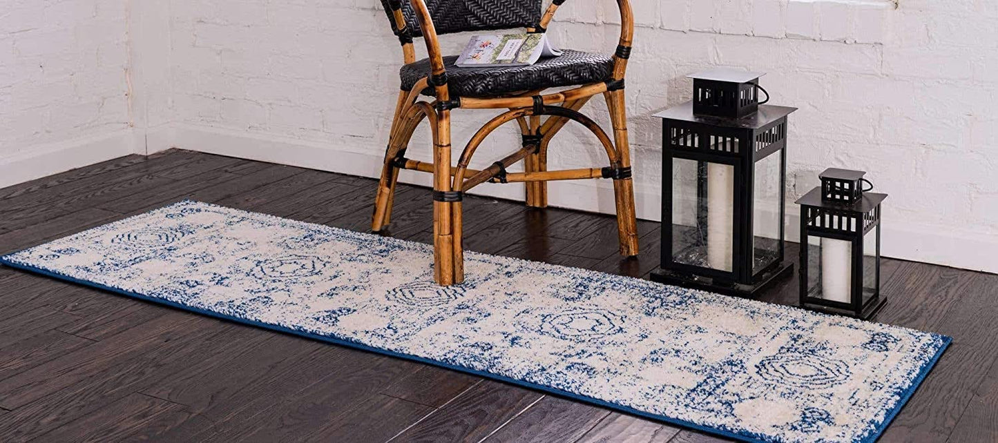 Vintage Traditional Medallion Border Blue Ivory Area Rug