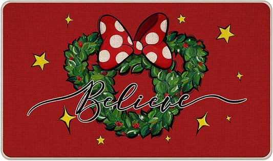 Non-Slip Christmas Believe Mouse Wreath Red Decorative Front Door Mat, 17x29 Inch