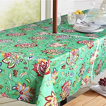 Medallion Outdoor Tablecloth with Umbrella Hole - Water Resistant Spillproof Table Cover (Zippered - 60" x 60" Square, Light Green)