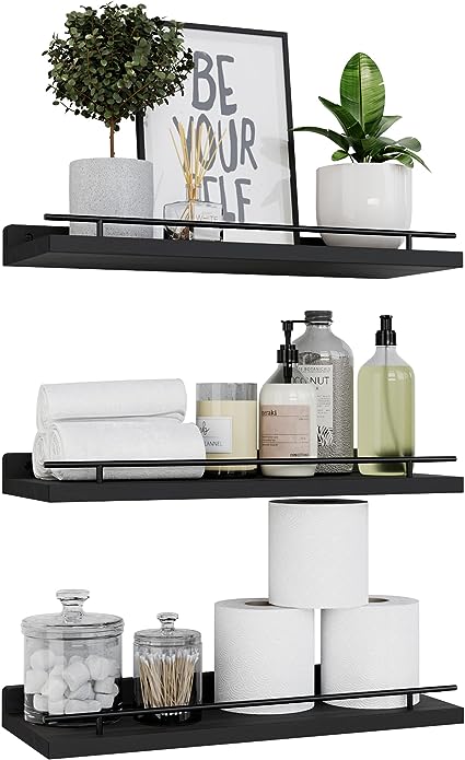 Set of 3 Floating Shelves with Black Metal Guardrail