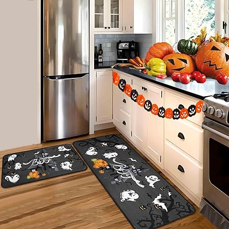 Non Slip Backing Halloween Kitchen Rug Set of 2 (Black, 17"x47"+17"x30")