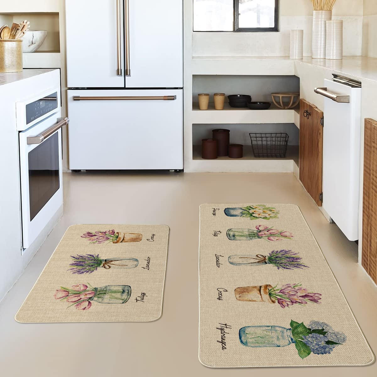 Tulip Lavender Hydrangea Flowers Spring Kitchen Mats Set of 2, Home Decor Low-Profile Kitchen Rugs for Floor - 17x29 and 17x47 Inch