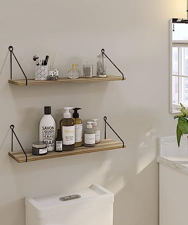 Set of 2 Rustic Light Wood Bathroom Bedroom Kitchen Hanging Shelves