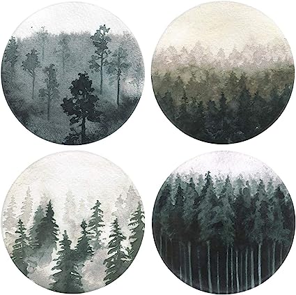 Round Drinks Absorbent Stone Coaster Set With Ceramic Stone and Cork Base (Forest, 4)