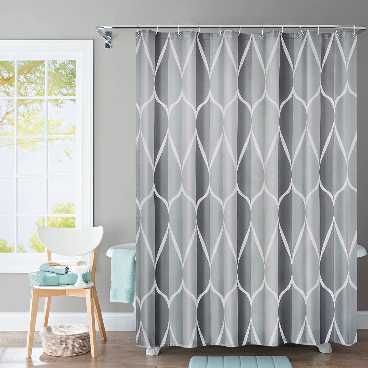 Shower Curtain Polyester Fabric Machine Washable with 12 Hooks 72x72 Inch (Grey)