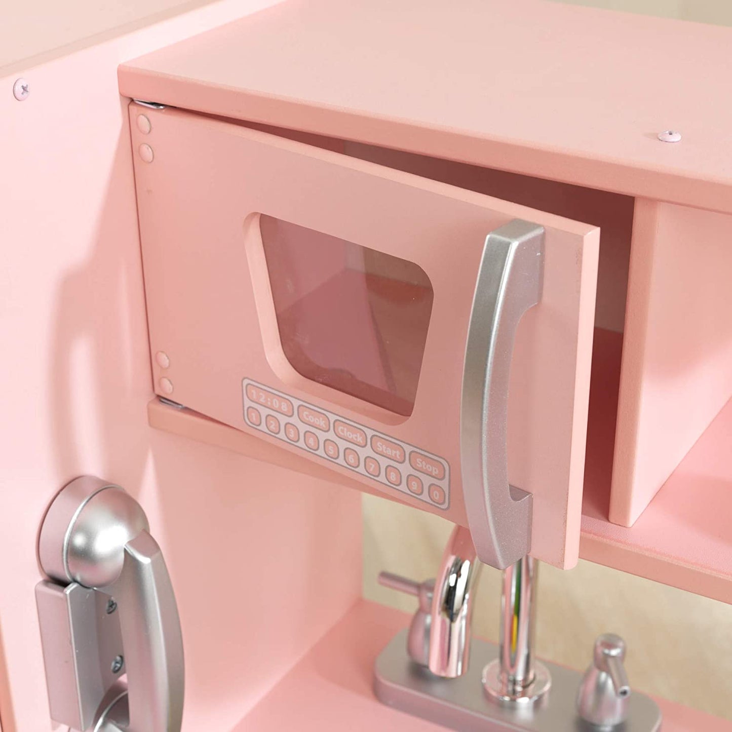 Vintage Wooden Play Kitchen with Pretend Ice Maker and Play Phone, Pink,