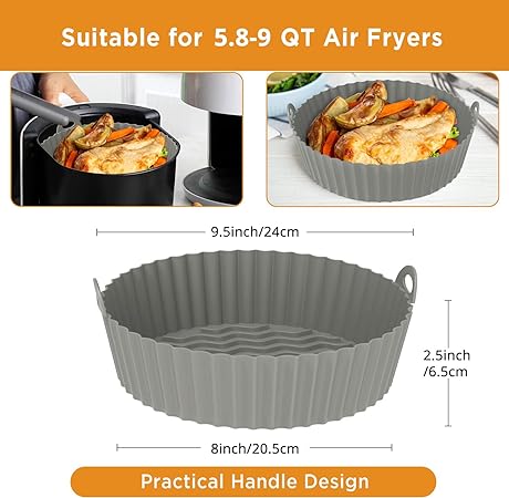 2 Pack Air Fryer Silicone Baking Tray 7.5inch for 3 to 5 Qt Reusable (Blue+Grey)