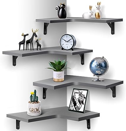 Set of 4, Floating Corner Shelves for Wall Décor Storage, (Grey)…