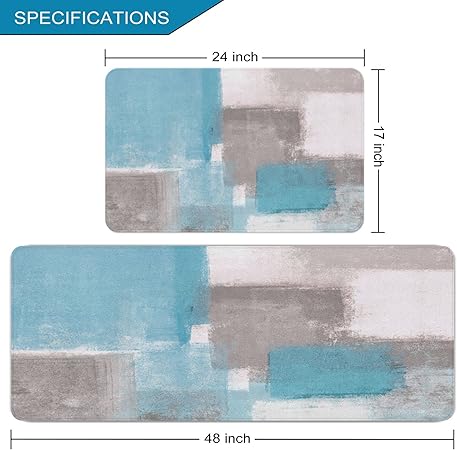 2 Pieces Abstract Anti Fatigue Non Slip Foam Cushioned Blue and Brown Art Painting Comfort Indoor Floor Mat, (17"x48"+17"x24")