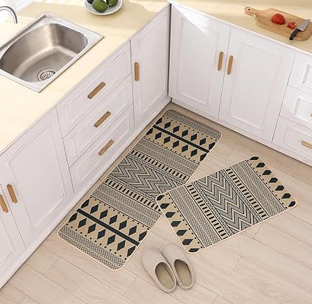Non Skid Washable Black and White Boho Kitchen Rug Sets of 2, 17x29 and 17x47 Inch