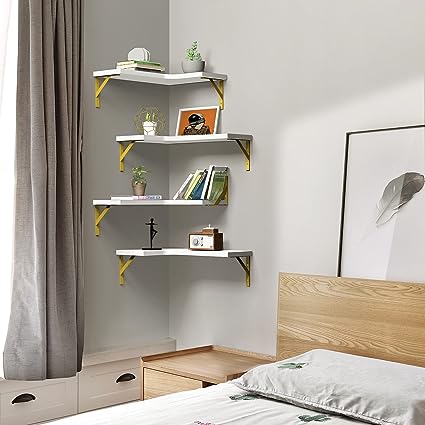 Set of 4, Floating Corner Shelves for Wall Décor Storage, (Grey)…