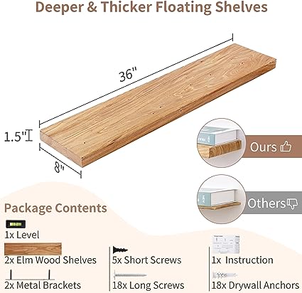 Floating Shelves, 8 Inch Deep Rustic Solid Elm Wood Wall Shelves, 24 Inch Width Set of 2