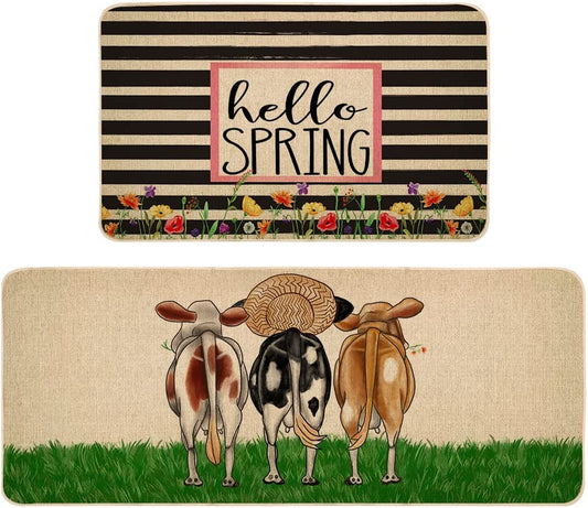 Set of 2, Spring Decorative Non-Slip Absorbent Rug and Door Mats, 17x29 and 17x47 Inch DM067