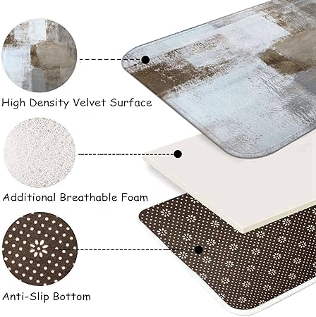 2 Pieces Abstract Anti Fatigue Non Slip Foam Cushioned Blue and Brown Art Painting Comfort Indoor Floor Mat, (17"x48"+17"x24")