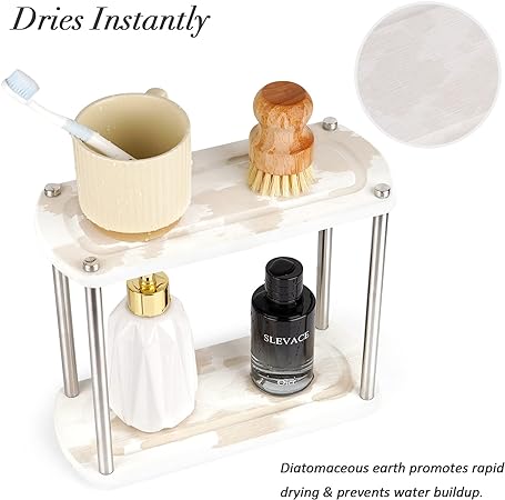 Stone Drying Counter Instant Dry Diatomaceous Earth Sink Caddy Organizer with Stainless Steel Feet (L White)