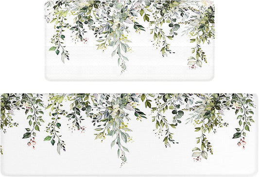 Green Eucalyptus Anti Fatigue Set of 2 Waterproof Kitchen Rugs 17"x47"+17"x28"