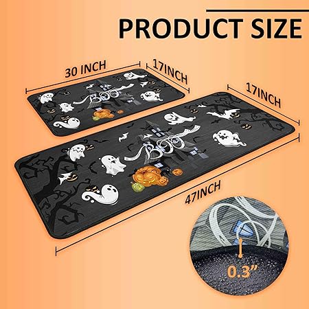 Non Slip Backing Halloween Kitchen Rug Set of 2 (Black, 17"x47"+17"x30")