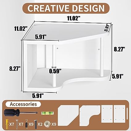 Pine Wood Shelves 90° Corner Floating Cabinet Shelf for Wall, 18’’ Bedside Corner Wall with Cord Hole