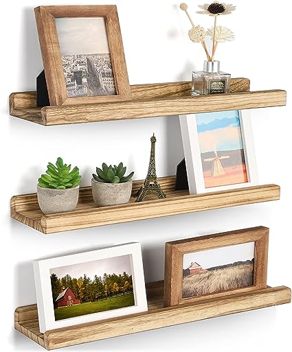 Wood Picture Ledge Shelf Rustic Floating Shelves Set of 3 for Storage and Display 16.9 inch Carbonized Black