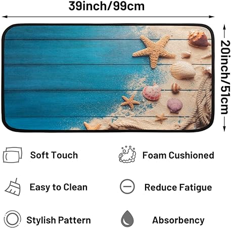 Blue Wood Plank Print Non Slip Beach Starfish Entryway Hallway Washable Home Decor 39" X 20"