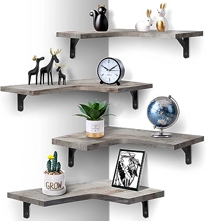 Set of 4, Floating Corner Shelves for Wall Décor Storage, (Grey)…