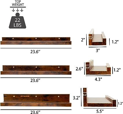 Set of 3, 24 Inch Rustic Wood Shelves with Ledge, Various Sizes, Wall Mounted Display Shelves, Perfect for Pictures, Plants, Bedroom, Living Room, Rustic Brown BT006