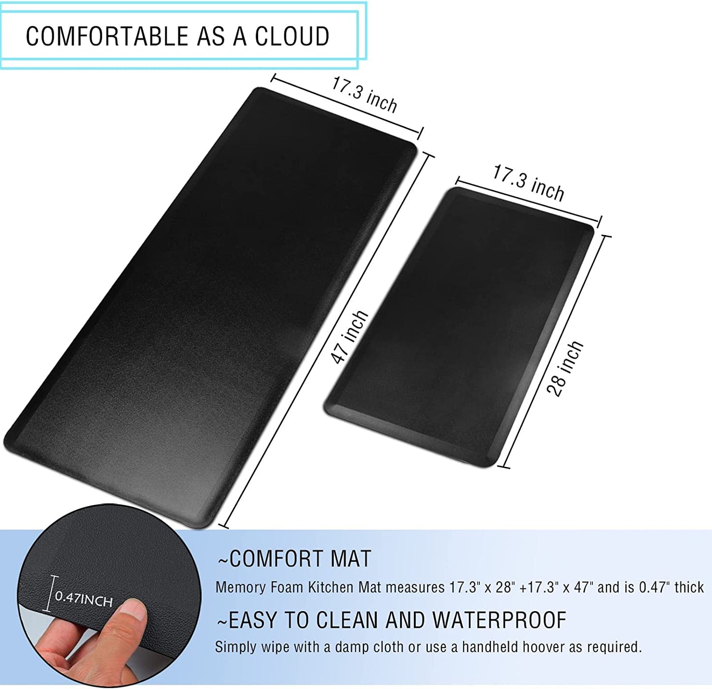 2Pcs Black Anti Fatigue Padded Mat 17.3"X28"+17.3"X47"