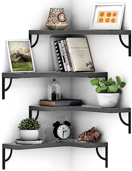 Set of 4, Corner Wood Display Storage Wall Mounted  Floating Shelves