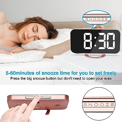 Digital Alarm Clock,6" Large LED Display with Dual USB Charger Ports | Auto Dimmer Mode | Easy Snooze Function, Modern Mirror Desk Wall Clock for Bedroom Home Office for All People (Gold)