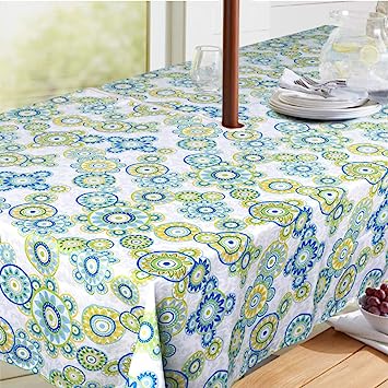 Medallion Outdoor Tablecloth with Umbrella Hole - Water Resistant Spillproof Table Cover (Zippered - 60" x 60" Square, Light Green)