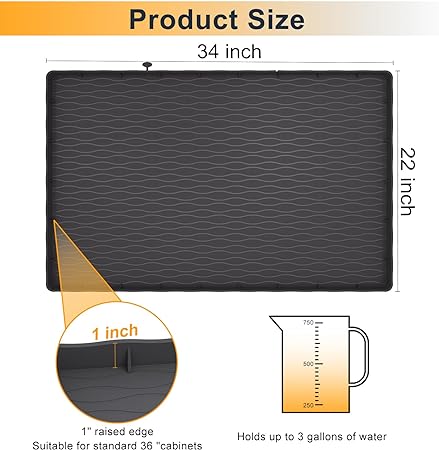 Under Sink Mat for Kitchen Waterproof, 34" × 22" Silicone Bathroom Sink Mat, under sink Liner drip tray and protectors for bottom of kitchen sink, Fits 36'' Stand Cabinets (Black)