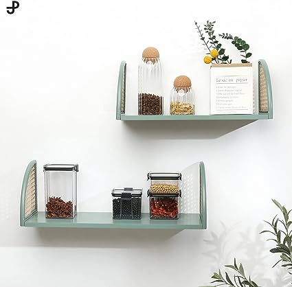 Decorative Wooden Wall Shelf with Rattan, Set of 2 (Green)