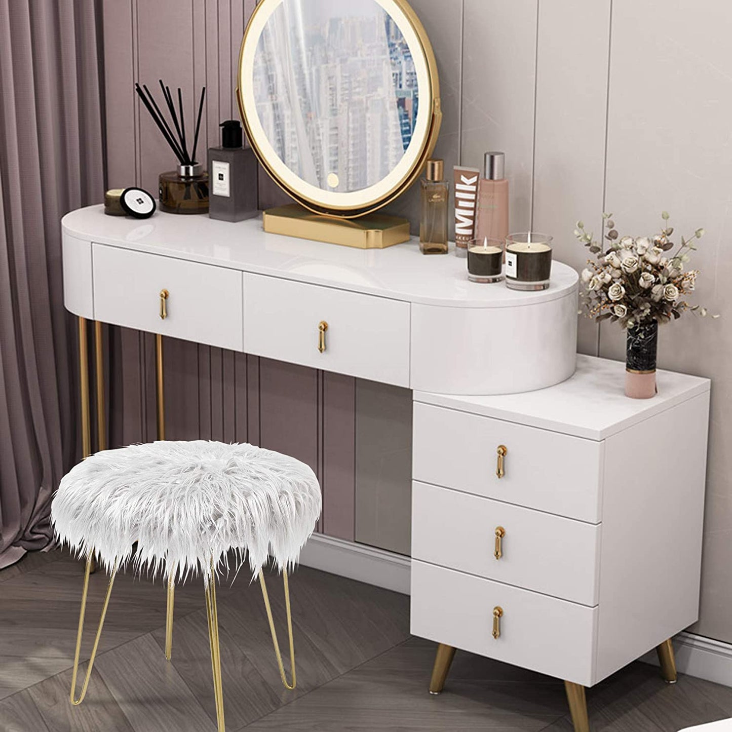 Fur Stool Fuzzy Vanity Chair Makeup Vanity Bedroom Seat