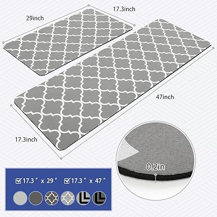 【2 PCS】 Non Skid Kitchen Runner Rug Absorbent Resist Dirt, Kitchen Floor Mat Waterproof Comfort Standing Mat for Kitchen,Home Office,Sink,Laundry（Dark Gray）