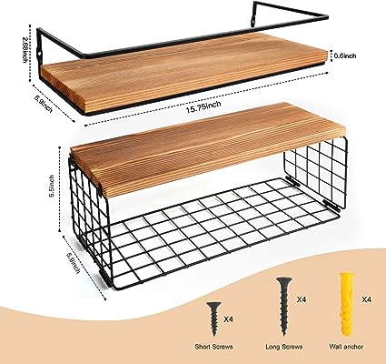 Wooden Floating Shelves Wall Mounted 3 Packs with L Iron Brackets (Hook-Up, Dark Brown)