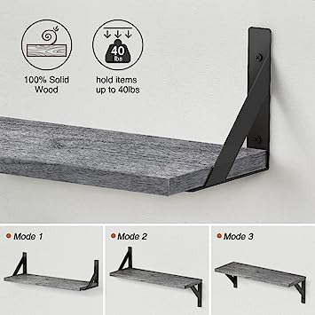 Set of 3, Floating Shelves with Black Metal Brackets (Natural Color)