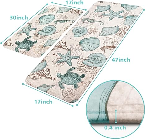 Set of 2,Coastal  Anti Fatigue Cushioned Non Slip,  Summer Nautical Kitchen Rugs, 17'' x 47'' + 17'' x 30''