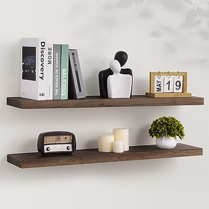 Floating Shelves, 8 Inch Deep Rustic Solid Elm Wood Wall Shelves, 24 Inch Width Set of 2