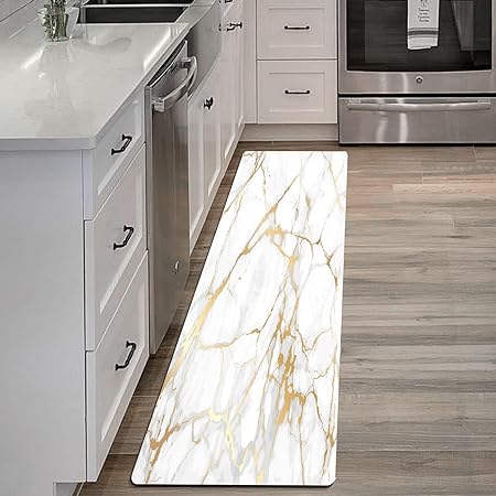 Gold White Non Slip Waterproof Leather Long Cushioned Anti Fatigue Marble Kitchen Runner Rug, 23.5" W x 70" L