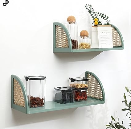 Decorative Wooden Wall Shelf with Rattan, Set of 2 (Green)