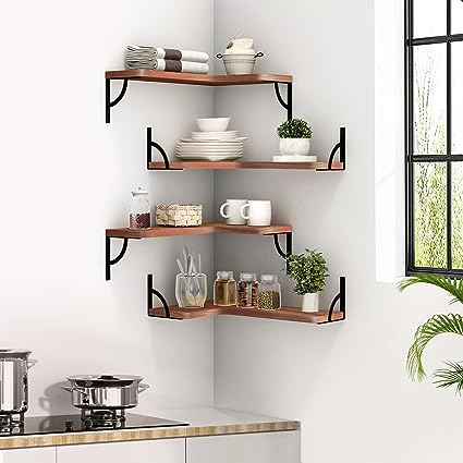 Set of 4, Corner Wood Display Storage Wall Mounted  Floating Shelves