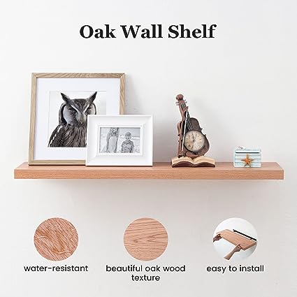 8 Inch Deep Rustic Natural Oak Wood Wall Shelves for Storage, Wall Mounted Wooden Display Shelving for Bedroom, Living Room, 24'' x 8'' Shelves, Natural Oak Color, Set of 2