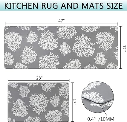 Ocean Themed Waterproof Non Slip Kitchen Floor Mats Coastal Beach Anti Fatigue Mat Seashell Coral Starfish Decorative Mat for Home Kitchen Sink EntranceSet of 2