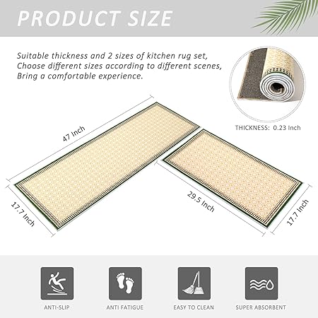 2 PCS Vintage Water Absorb Microfiber Non Skid Washable Farmhouse Kitchen Mats and Rug Set - 17"x29.5"+17"x47", Beige&Black